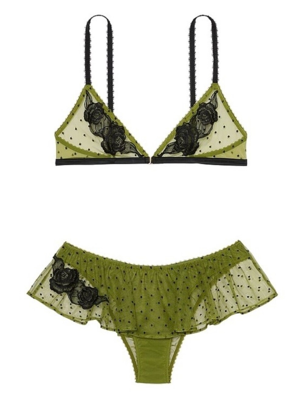 Victoria's Secret Green Black Sheer Rose Dot Lace Triangle Coord Bralette Set L
